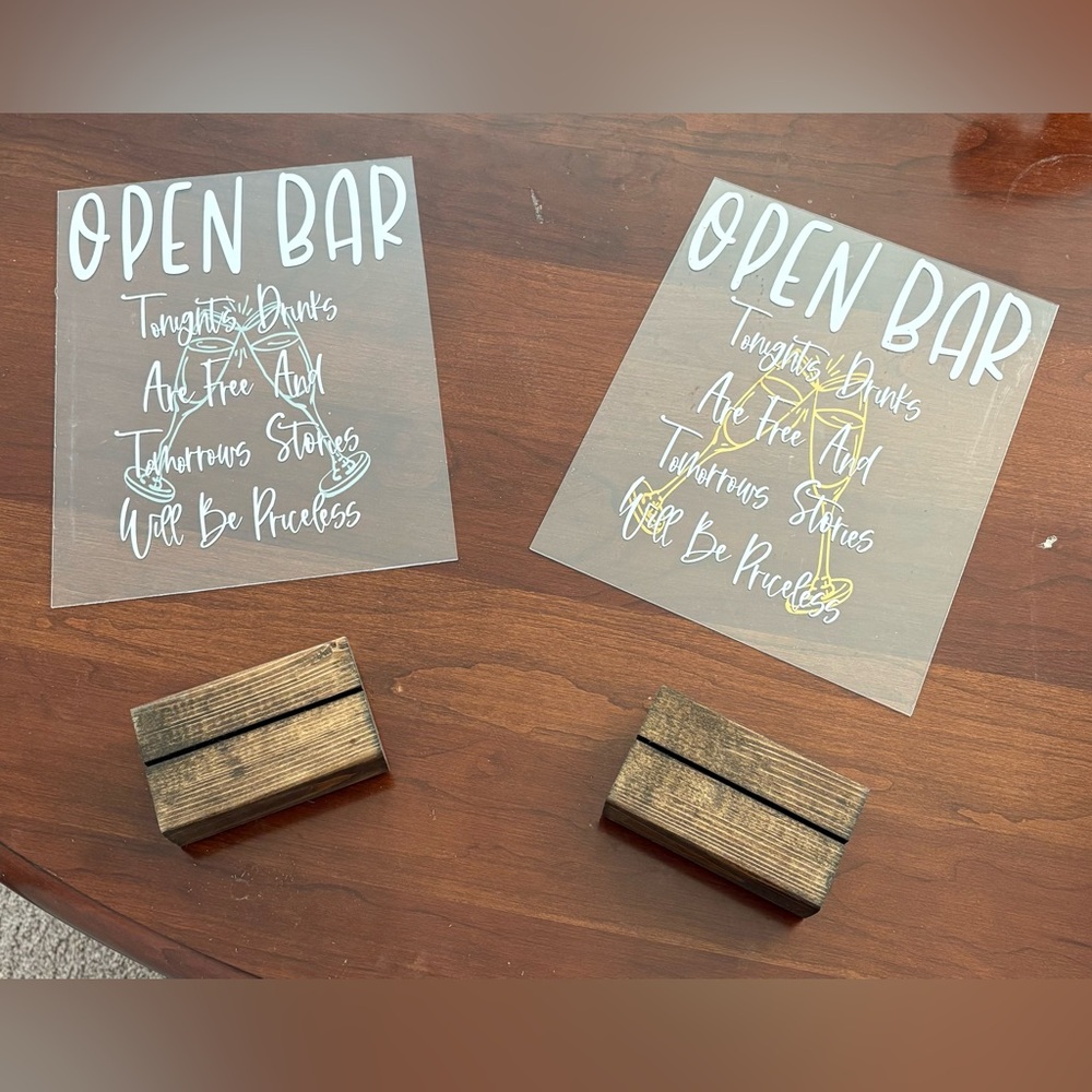 2 Acrylic Open Bar Signs with Wooden Stands